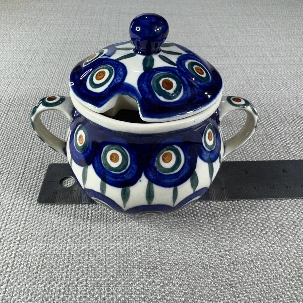 Polish Pottery Peacock Double Handle Sugar Bowl with Lid